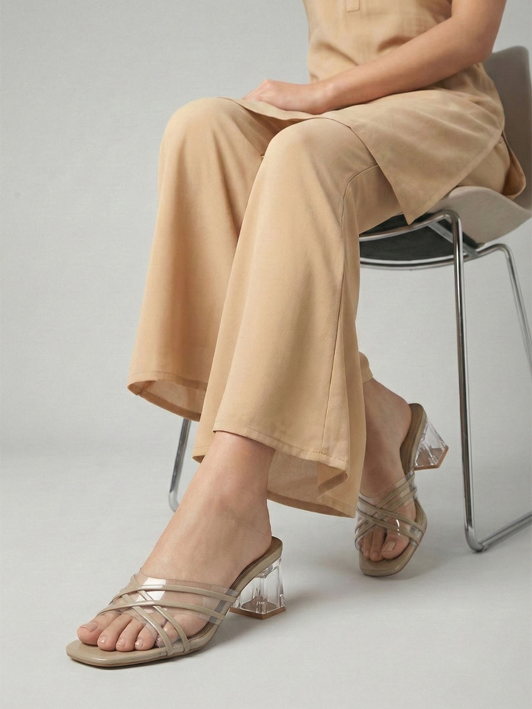 Clear Cross String Heel - Nude